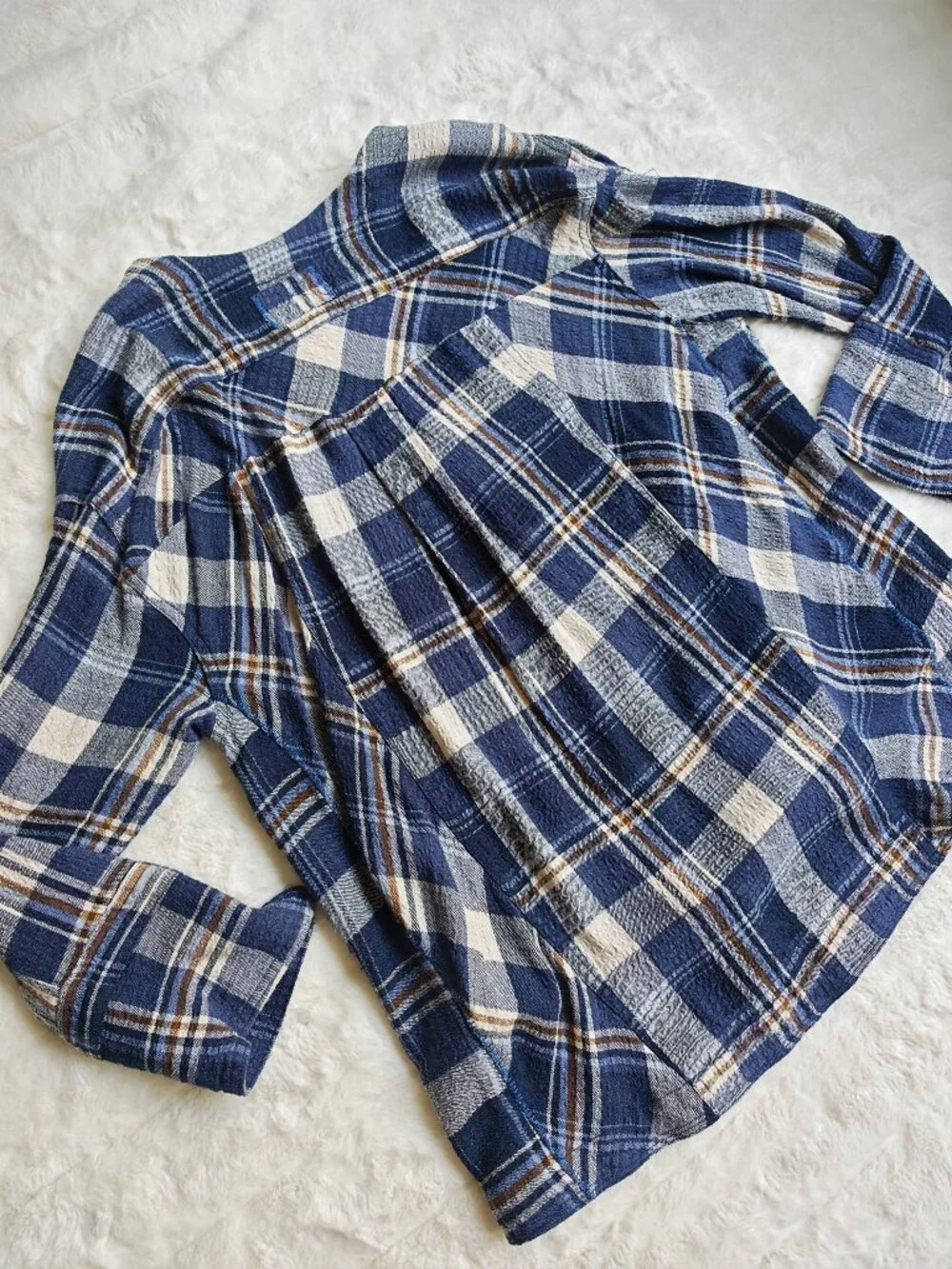 Free People We The Free By The Shore Plaid Shirt XS Blue Oversized V-Neck Pullov